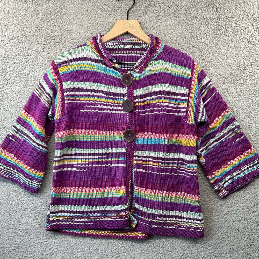 Artsy Fairy Cottage Boho Cardigan Chunky Buttons Colorful Purple Medium Large
